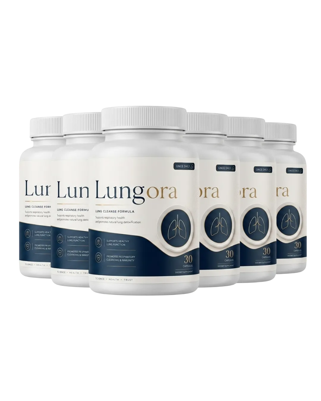 Lungora supplement bottle packaging shown for daily lung health and respiratory wellness routine